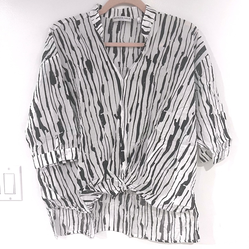 Patrizia Luca Cotton Gathered Front Hi-Lo Top White & Black Women’s Sz M/L NWOT - Picture 3 of 10
